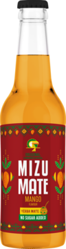 Butelka Mizu Mate Mango Yerba Mate, pomarańczowy płyn, czerwona wzorzysta etykieta 'No Sugar Added', z przodu.