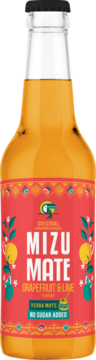 Butelka MIZU MATE Yerba Mate Grapefruit & Lime, pomarańczowy napój bez cukru, z czerwoną etykietą, widok z przodu.