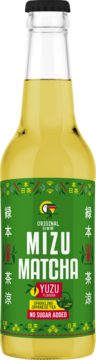 Szklana butelka Mizu Matcha Yuzu, musująca japońska herbata z zieloną etykietą, widok z przodu, bez cukru.