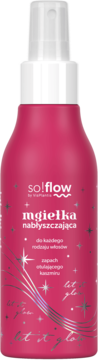 so!flow mgiełka nabłyszczająca, fuksjowa butelka z białym sprayem, widok z przodu, z napisem 'let it glow', kaszmir.
