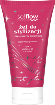 Żel do stylizacji so!flow 'let it glow' z błyszczącymi drobinkami, różowa tubka z białym zamknięciem, widok z przodu.