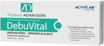 DebuVital Activlab Pharma, białe pudełko z zielonym paskiem, 60 kapsułek maślanu sodu 300 mg dla jelit, przód.