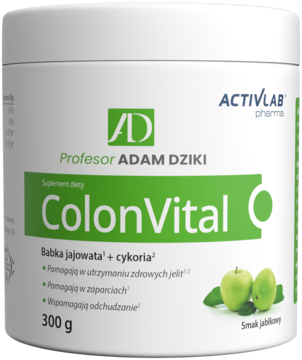 Activlab Pharma ColonVital, suplement diety z babką jajowatą i cykorią, białe opakowanie z jabłkami, widok z przodu.