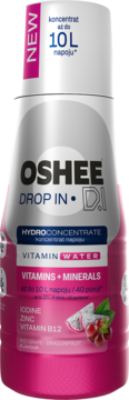 Koncentrat OSHEE Drop In D.I. o smaku Dragonfruit Red Grape, różowa butelka z witaminami, cynkiem i jodem.