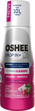 Różowo-srebrna butelka Oshee Drop In D.I. koncentratu Vitamin Water Red Grape Dragonfruit z witaminami.