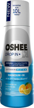 Oshee Drop In D! Hydroconcentrate Magnesium+B6 Lemon-Orange, biała butelka z niebieską etykietą, widok z przodu.