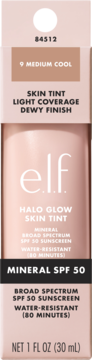 e.l.f. Halo Glow Skin Tint 9 Medium Cool SPF 50, jasnoróżowa butelka, widok z przodu opakowania.