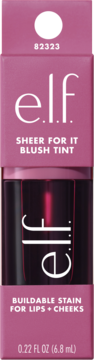 e.l.f. Sheer For It Blush Tint, śliwkowy tint do ust i policzków, widok z przodu różowego opakowania z okienkiem.