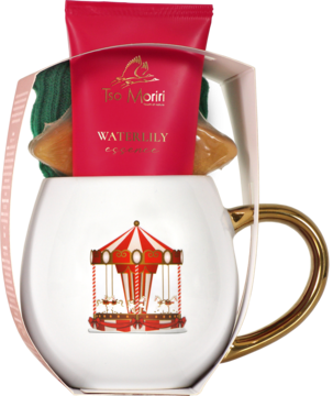 Zestaw prezentowy: ozdobny kubek z karuzelą, czerwony krem do rąk I'm Morini Waterlily, złoty dodatek.