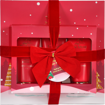 Czerwony świąteczny zestaw prezentowy z czerwoną kokardą i 3 czerwonymi pojemnikami kosmetyków w ozdobnym pudełku.