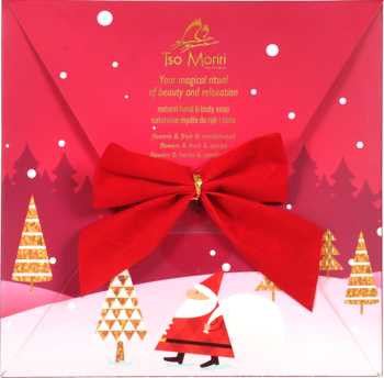 Czerwony zestaw prezentowy Iso Morini do pielęgnacji, z czerwoną kokardą, Mikołajem i zimowym krajobrazem choinek.