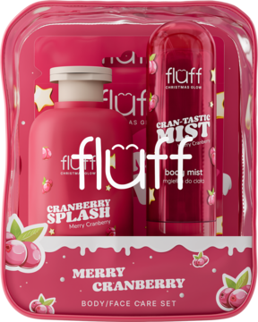 Różowy zestaw kosmetyków Fluff Merry Cranberry: żel pod prysznic i mgiełka do ciała w przezroczystej kosmetyczce, widok z przodu.