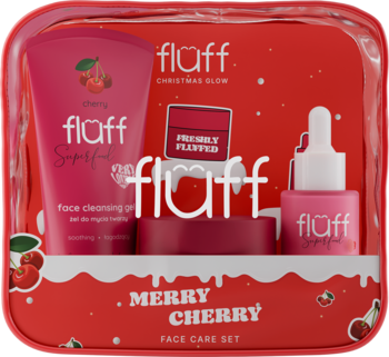 Fluff Merry Cherry świąteczny zestaw do twarzy w czerwonej kosmetyczce, trzy różowe kosmetyki wiśniowe.