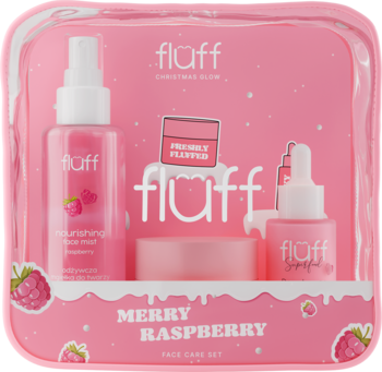 Zestaw Fluff Merry Raspberry w przezroczystej kosmetyczce: malinowe mleko, krem, mgiełka do twarzy. Różowe opakowania.