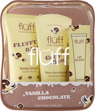 Fluff zestaw Vanilla Chocolate. Przezroczysta kosmetyczka z beżowym balsamem, żelem do twarzy i błyszczykiem.