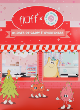 Kalendarz adwentowy Fluff x Sweet Factory Store, 24 dni glow i słodyczy, czerwono-biały z kreskówkowymi owocami.