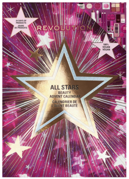 Revolution All Stars Beauty Advent Calendar, złota gwiazda na różowym, gwieździstym tle, widok z przodu.