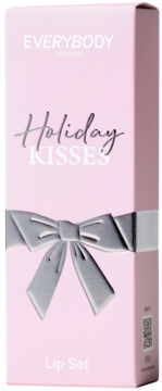 Różowe pudełko Holiday Kisses Lip Set z szarą kokardą, widok z przodu, z tintem i konturówką.