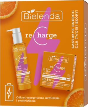 Bielenda Recharge zestaw: pomarańczowe pudełko z żelem oczyszczającym i kremem 4w1 dla nawilżenia skóry.