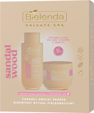 Bielenda Private Spa Sandal Wood zestaw: mleczko i masło do ciała w beżowym pudełku, widok z przodu.