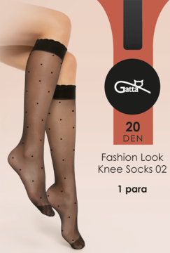 Czarne półprzejrzyste podkolanówki Gatta Fashion Look 02 w kropki, na nodze modelki, z opakowaniem 20 DEN.