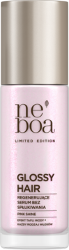 Ne boa Glossy Hair serum, różowa butelka z metaliczną nakrętką, widok z przodu, napis Limited Edition.