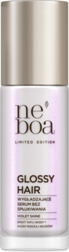 Neboa GLOSSY HAIR serum wygładzające bez spłukiwania, fioletowa butelka z metalową nakrętką, przód.