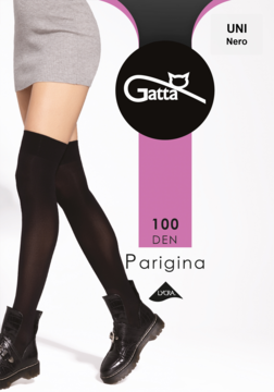 Czarne zakolanówki Gatta Parigina 100 DEN na nodze modelki, widok opakowania z logo i opisem produktu.