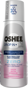 OSHEE DROP IN D.I. hydrokoncentrat elektrolitowy Zero grapefruit, biało-różowa butelka, front, 10L napoju.