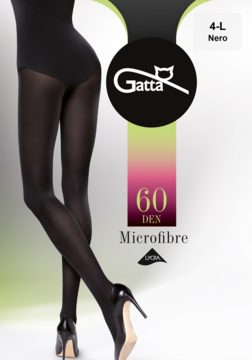 Czarne rajstopy Gatta 60 DEN Microfibre prezentowane na modelce, z widocznym opakowaniem z logo i rozmiarem 4-L.
