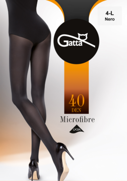 Czarne rajstopy Gatta Microfibre 40 DEN na opakowaniu, z widocznymi nogami modelki w tle, napis Lycra.