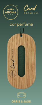 Drewniana zawieszka zapachowa AROMA CAR Card Premium Orris & Sage, z centralnym wycięciem, widok z przodu.