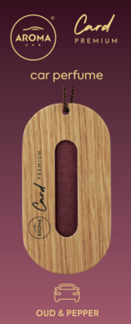 Drewniany odświeżacz powietrza Aroma Car Premium Card o zapachu OUD & PEPPER, owalny, z czerwoną wkładką, widok z przodu.