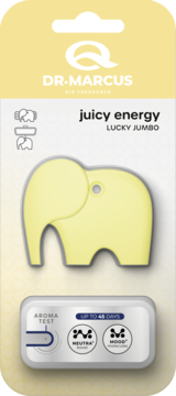 Żółty odświeżacz samochodowy Dr. Marcus Juicy Energy Lucky Jumbo, w kształcie słonia, w blistrze, widok z przodu.