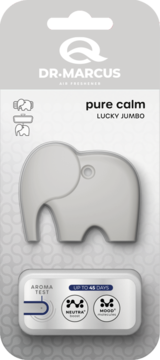 Szary odświeżacz samochodowy Dr. Marcus Pure Calm Lucky Jumbo w kształcie słonia, w blistrze, widok z przodu.