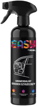 Czarny spray ADBL Easy, uniwersalny środek czyszczący do samochodu z grafiką wnętrza, widok z boku.