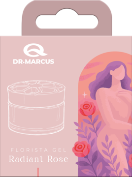 Różowe opakowanie odświeżacza Dr. Marcus Florista Gel Radiant Rose, z rysunkiem słoika i kobiety z różami.