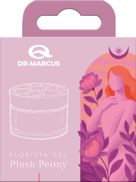 Dr. Marcus Florista Gel Plush Peony, odświeżacz powietrza w różowym opakowaniu z kwiatowym motywem, widok z przodu.