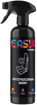 Czarny spray ADBL Easy do czyszczenia skóry, widok z przodu, kolorowe logo "easy" i ikona fotela.