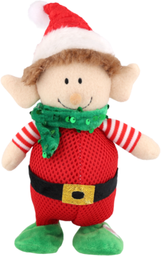 Pluszowy elf świąteczny w czerwonym kombinezonie z siateczki, zielonym szaliku z cekinami i czapce, ujęcie z przodu.