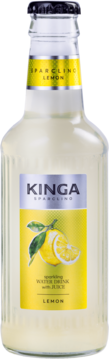 Kinga Sparkling Lemon, napój gazowany w szklanej butelce z żółtą etykietą i grafiką cytryn, widok frontalny.