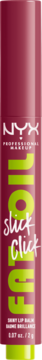 NYX Fat Oil Slick Click błyszczący balsam, burgundowa tubka z neonowo zielonym napisem, widok z przodu.