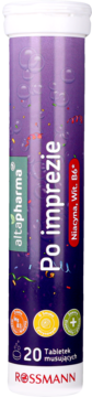 Fioletowa tuba altapharma Po Imprezie, suplement z Niacyną i Wit. B6, 20 tabletek musujących Rossmann, widok z przodu.