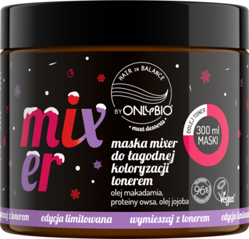 OnlyBio maska mixer 300ml do koloryzacji tonerem, czarny słoik z barwnym napisem „mix er”, widok z przodu.