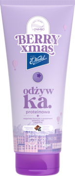 ONEBIO BERRY xmas odżywka proteinowa, fioletowa tubka z borówką i świątecznym wzorem, widok z przodu.