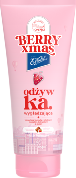 Różowy balsam BERRY Xmas E. Wedel, odżywcza wygładzająca tubka, z grafiką truskawki, widok z przodu.