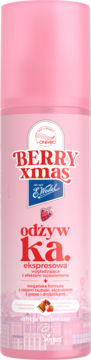 Różowy aerozol BERRY xmas E.Wedel, ekspresowa odżywka do włosów z truskawką, wegańska formuła, widok z przodu.