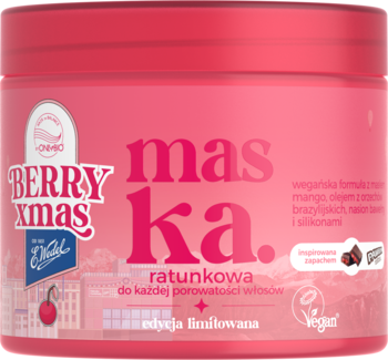 Różowa maska ratunkowa do włosów BERRY xmas z mango i olejem brazylijskim, widok z przodu, limitowana edycja.