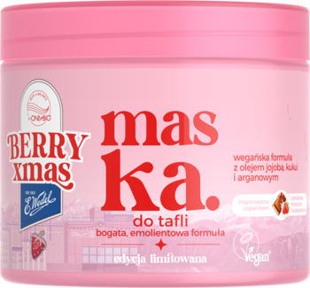 Różowa maska do włosów Berry Xmas do tafli, limitowana edycja, z olejem jojoba i arganowym, widok z przodu.