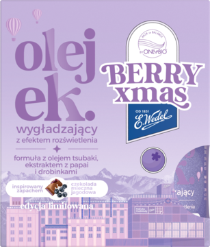Fioletowy olejek wygładzający BERRY Xmas (ONEYBIO x E.Wedel). Etykieta: tsubaki, papaja, drobinki, efekt rozświetlenia.